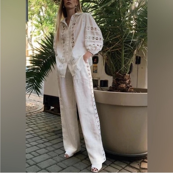 ZARA WOMAN SIDE STRIPE WIDE LEG PANT SIZE LARGE ECUR NEW WITH TAGS - Picture 11 of 11